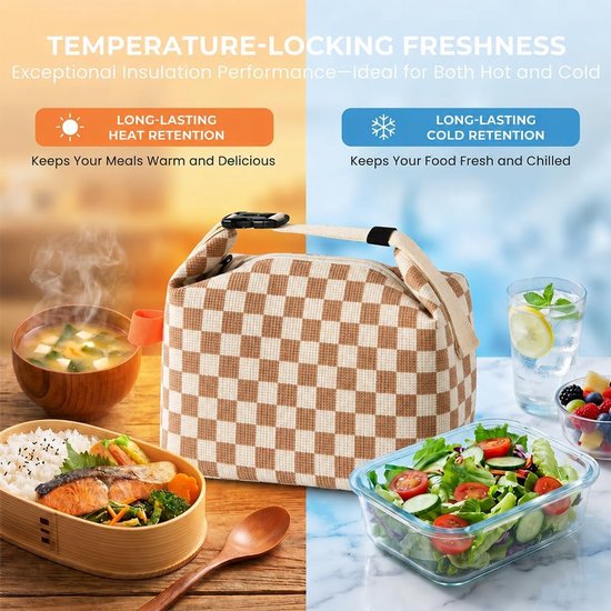 Kleine Lunchtas - 2 stuks - Thermal Bag - Koeltas - lunchtas dames corduroy - Opvouwbare Lunchtas - verstelbare handgreep - voor picknick, School, Lunch - 24x14x22cm - bruin em zwart — afbeelding 2