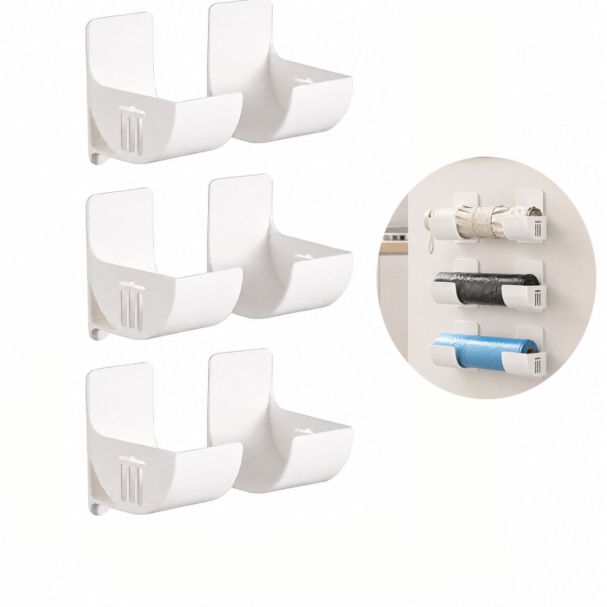 3-paar Afvalzak Houder - Afvalzakdispenser - Wandgemonteerde Afvalzak Houder - Wandmontage, boren niet nodig - Kunststof - Opbergruimte voor thuis - 7 × 6.5 × 4 cm - Geschikt voor vuilniszakken, plasticfolie, aluminiumfolie, enz - Wit