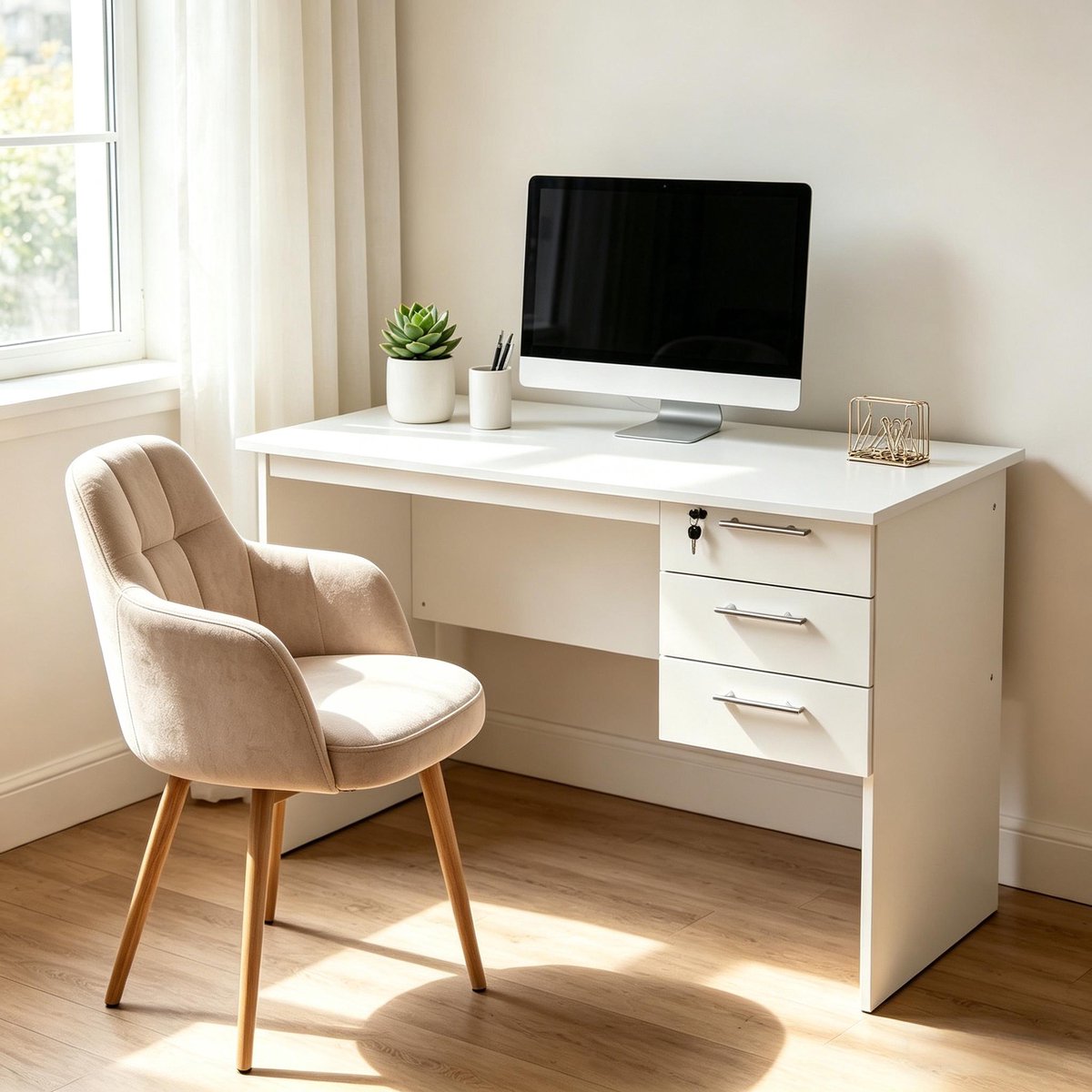 MIVRAY Bureau Met 3 Lades En Slot Rechts Modern Wit Houten Computerbureau Voor Woonkamer Slaapkamer En Studeerkamer 120x60x75 Cm