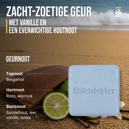 Blauw zeepblok met vanille en geurnoten van bergamot, roos, sandelhout en leer op een strand.