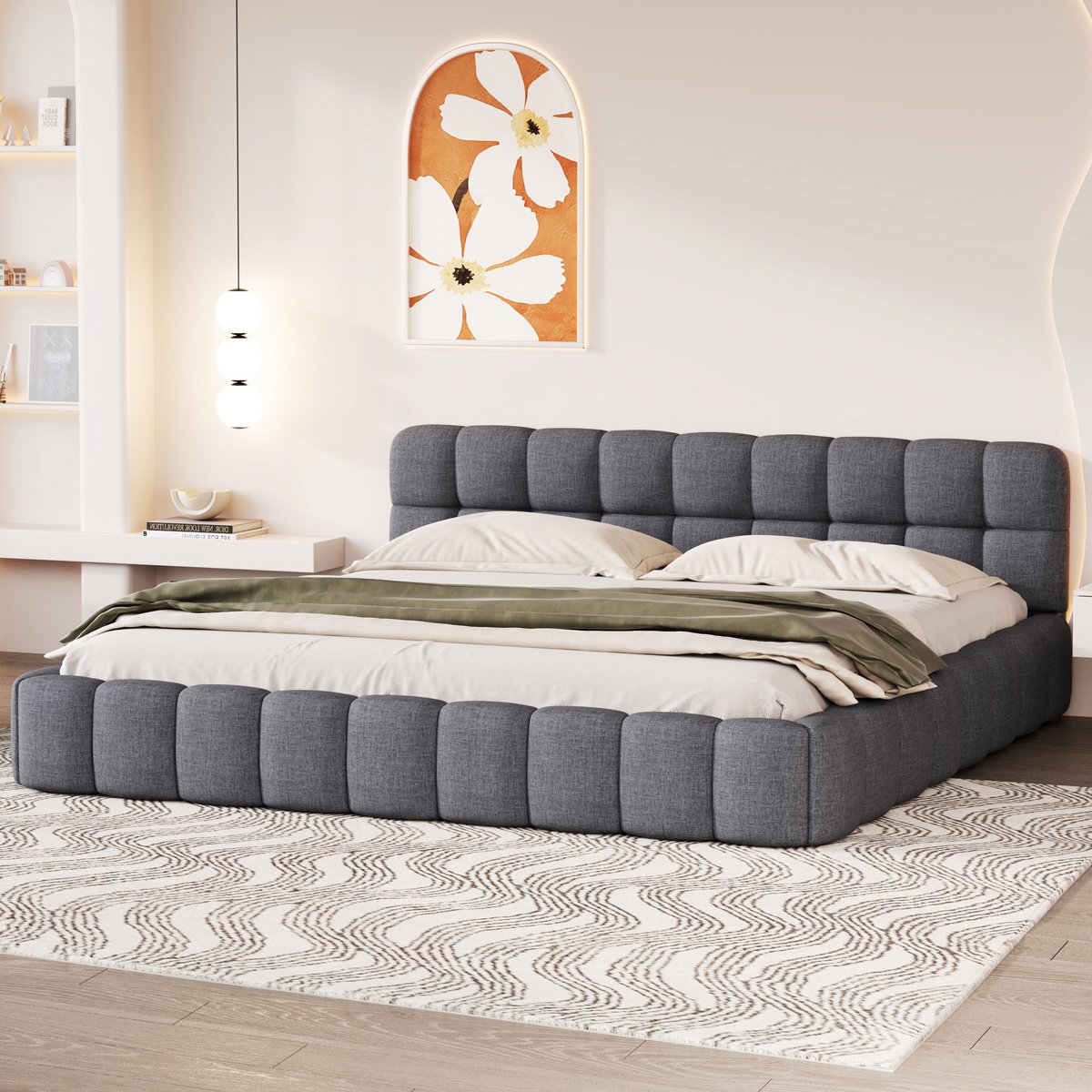 Gestoffeerd 160x200, bolbed met lattenbodem, gewatteerd hoofdeinde, Tweepersoonsbedframe 160x200, Linnen stof Grijze