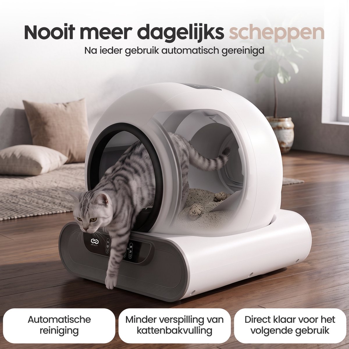 Infinity Goods Automatische Kattenbak XXL - Zelfreinigende Kattenbak - Incl. App - 75L - Met Kattenbakmat en 3 Rollen Opbergzakjes thumbnail 3