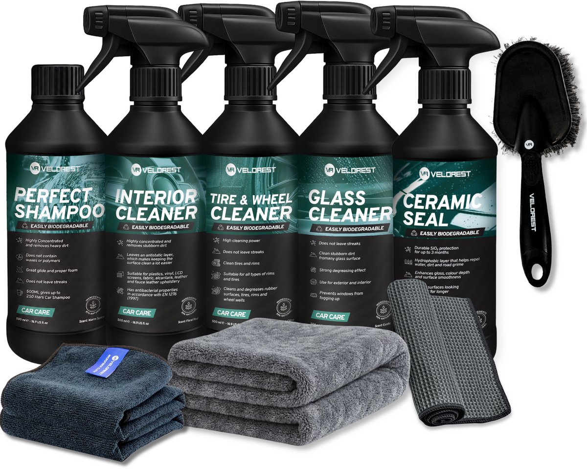 Velorest Car Clean Set - Auto Was Set - Auto Schoonmaak Set - Ruitenreiniger - Interieur Reiniger - Autoshampoo - Velgenreiniger - Auto Wassen