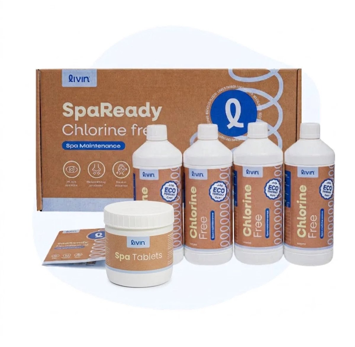 LIVIN' SpaReady Chlorine - Whirlpools - Spa Onderhoud - Spa Onderhoudsset - Hottub Onderhoudsproducten - Whirlpool Reiniger - 88% Minder Chloor - Verwijdert Biofilm - Regelt PH - 3 Maand Pakket - Geschikt voor Spa, Jacuzzi Onderhoud en Hottub