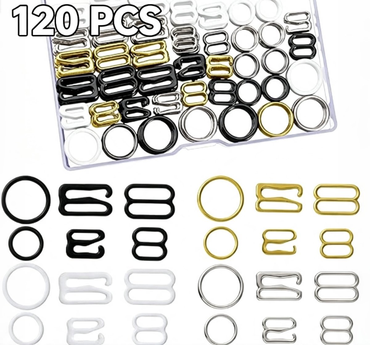Set van 120 stuks – Verstelbare clips voor bh-bandjes – Lingerie-accessoires voor dames – Vervangende sluitingen voor bh-bandjes – Antislipsluitingen – Verbinders voor bandjes – Veelkleurige set -Zwart + Wit + Zilver + Goud
