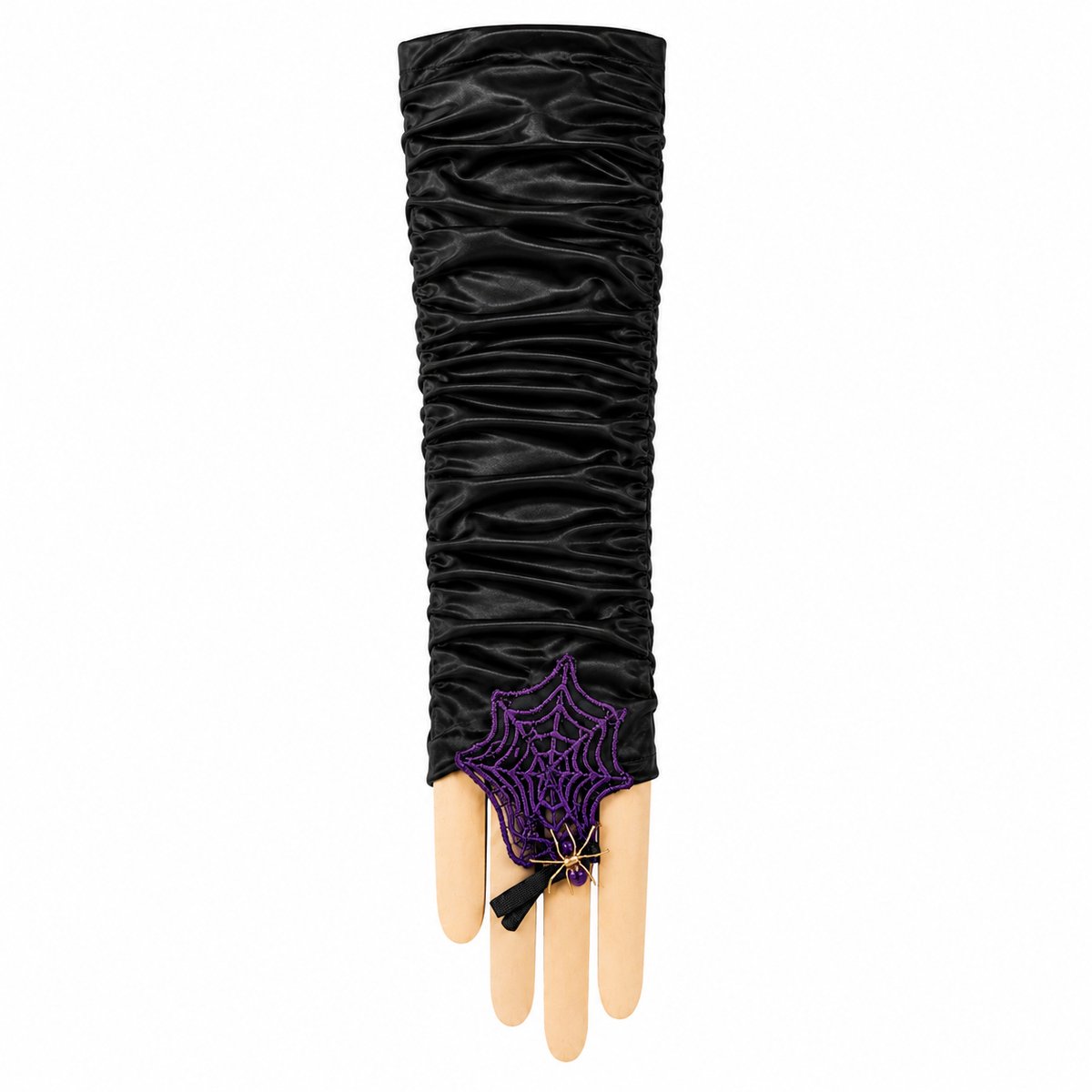 Zwarte Halloween Handschoenen – Lange Vingerloze Handschoenen met Paars Spinnenweb & Spin – Heks Verkleedaccessoire – Feestartikel