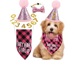 Joya Pets® Verjaardagsset Hond Meisje Teef | Verkleedset Birthday Girl | Hoedje + Bandana + Strik | Inclusief Cijfers 0 t/m 8 | Verjaardag Hond Teefje | Hond Verjaardagskleding | Verkleedset Huisdier | Roze