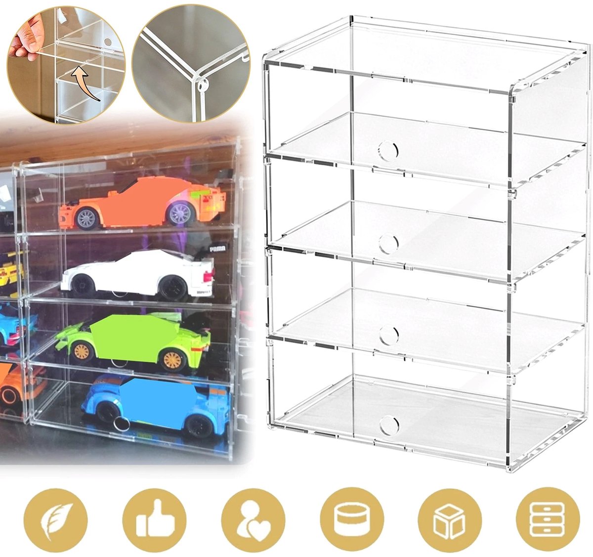 4-Laags Acryl Vitrinekast Met Ingebouwde Bescherming - Transparant Stapelbaar Geen Gereedschap Nodig - Vitrine Voor Miniaturen, Verzamelobjecten En Verrassingsdozen
