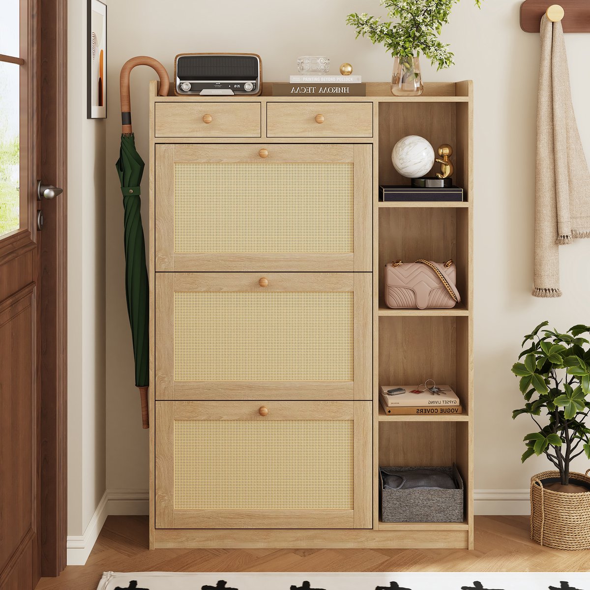 VVBV Schoenenkast 90x24x103 cm - 3 Klepvakken, Smal Ontwerp, Verstelbare Planken, Opbergruimte - Naturel, Spaanplaat