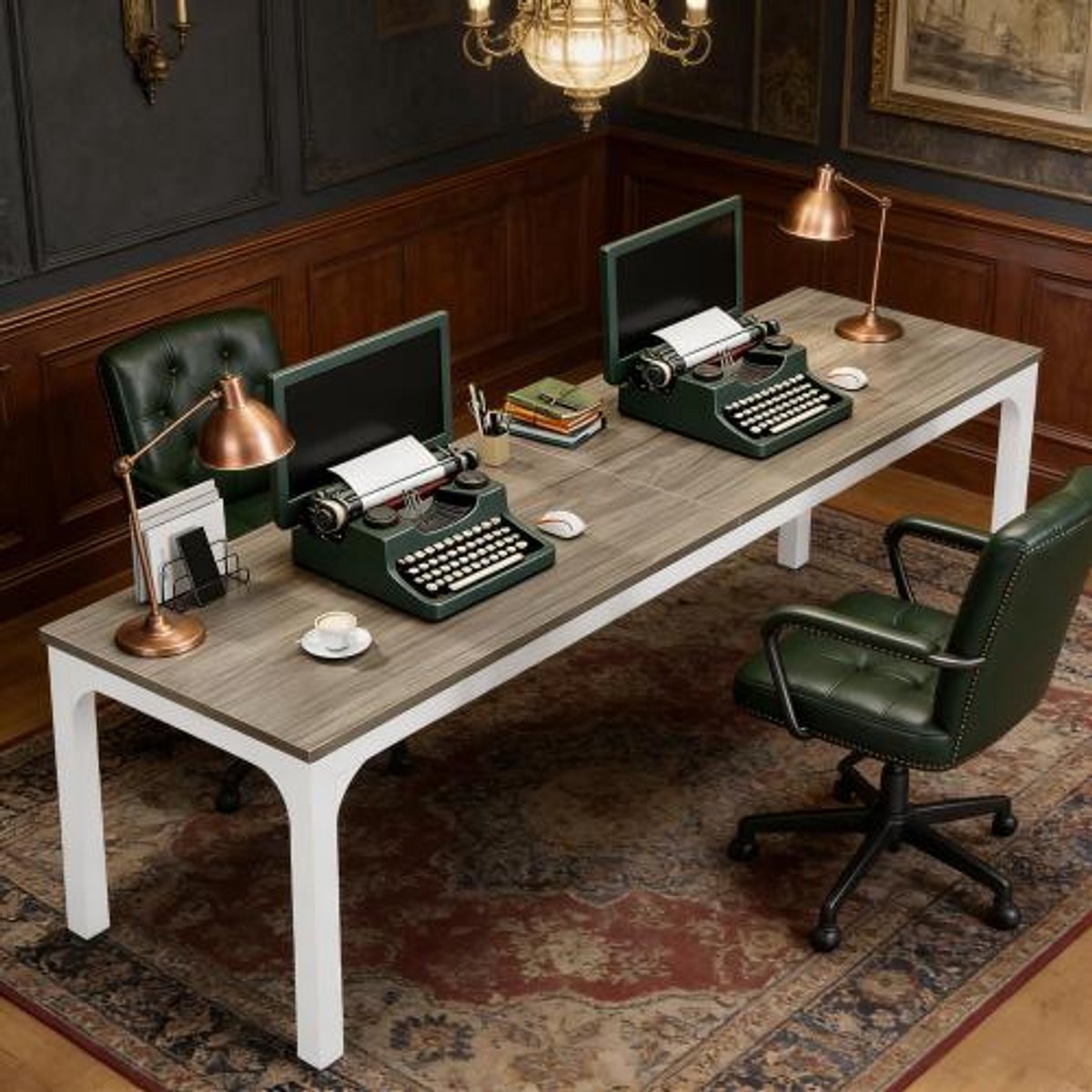REDOM - Bureau - 2-persoons werkplek - Rechthoekig tafelblad - Verstelbare voetdoppen - Industriële stijl - Kantoor - Metaal en spaanplaat - Taupe en wit - 200 x 70 x 75 cm