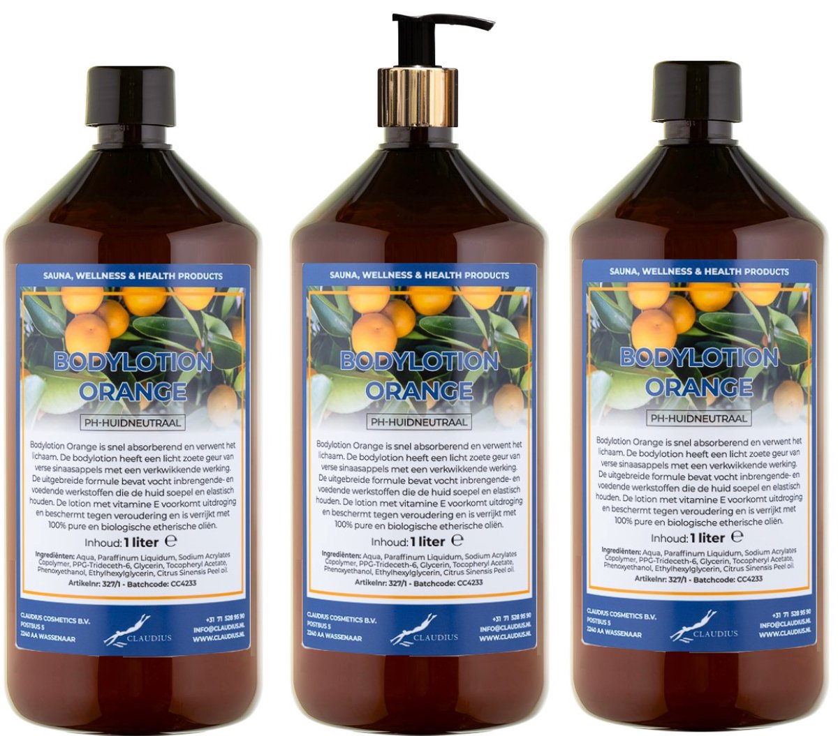 Bodylotion Orange 1 Liter - met gouden pomp - set van 3 stuks