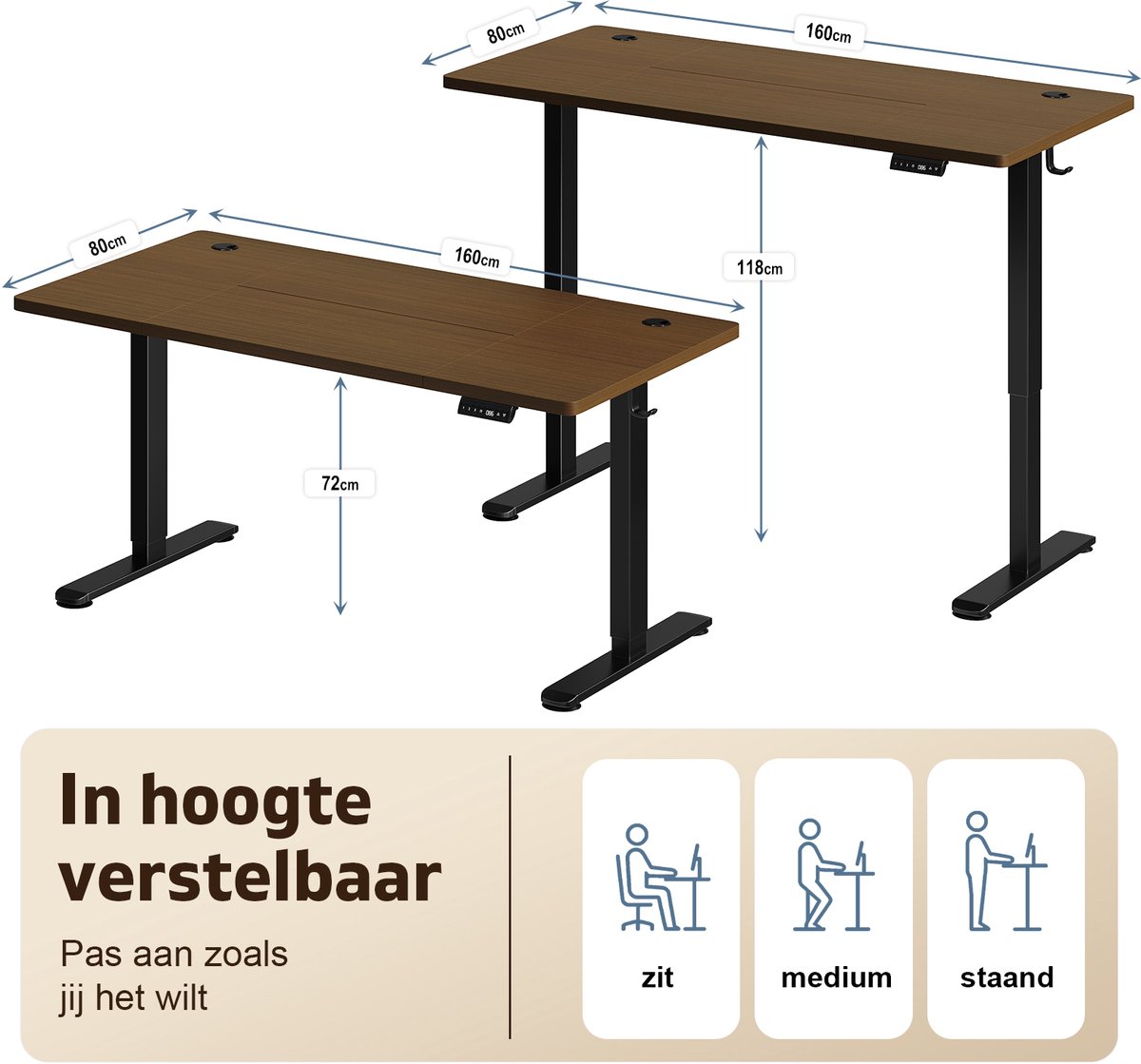 Devoko Elektrisch Zit-Sta Bureau 160x80 cm – 18 mm Dik Tafelblad – 3 Geheugenstanden – USB en Zit-alarm – Kabelmanagement – Zwart frame met walnootkleurig blad thumbnail 3