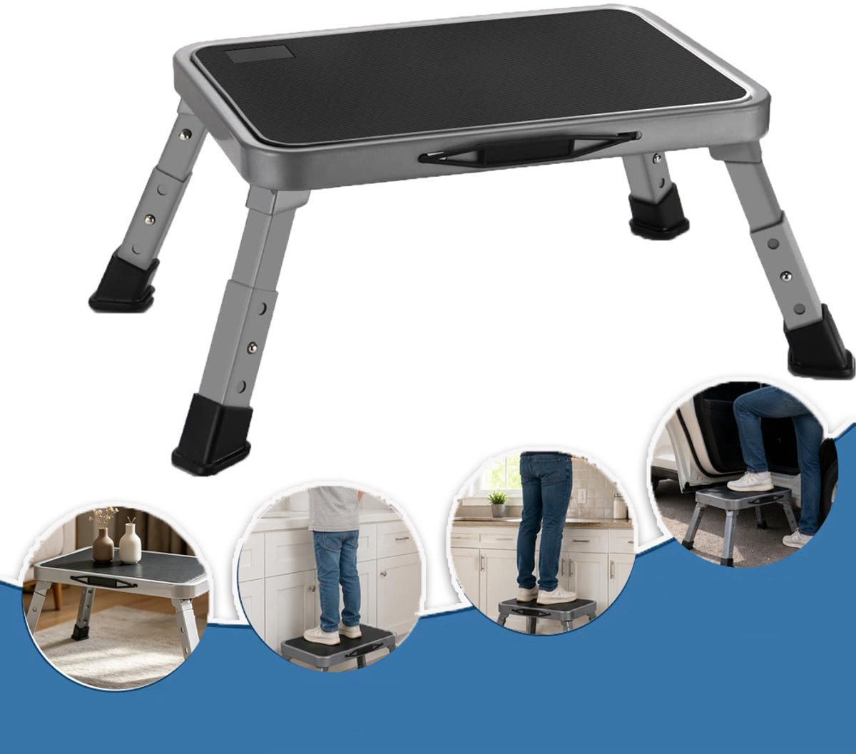 Verstelbare Opklapbare Kruk Met Vergrendelbare Poten En Handgreep - Draagvermogen 150 kg Platform Van 38 x 26 cm Opgevouwen Slechts 4,3 cm - Voor Badkamer Camper En Ramen Schoonmaken
