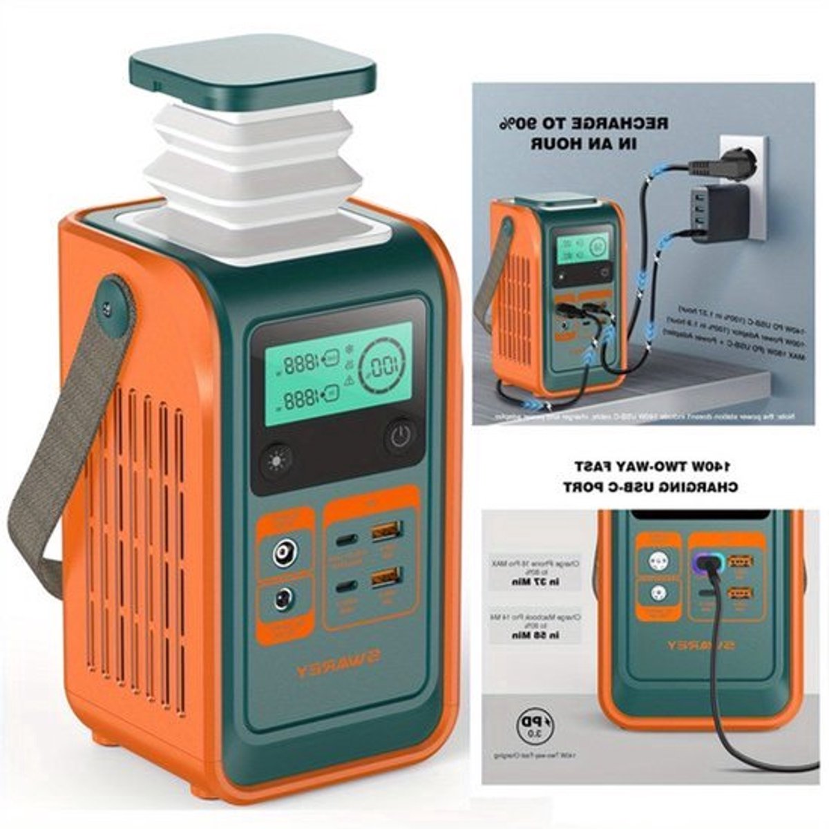 Zonnegenerator – Draagbaar Powerstation – Noodstroomvoorziening – Camping Accu – Mobiele Stroomvoorziening – 192Wh LiFePO4 Batterij – 140W Snelladen Met 100W Zonnepaneel