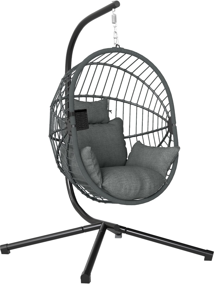 Hangstoel met frame | grijs | hangschommel voor binnen en buiten | incl. kussen en kussens | rieten stoel, ei stoel, hangstoel terras, hangmand stoel | stalen frame