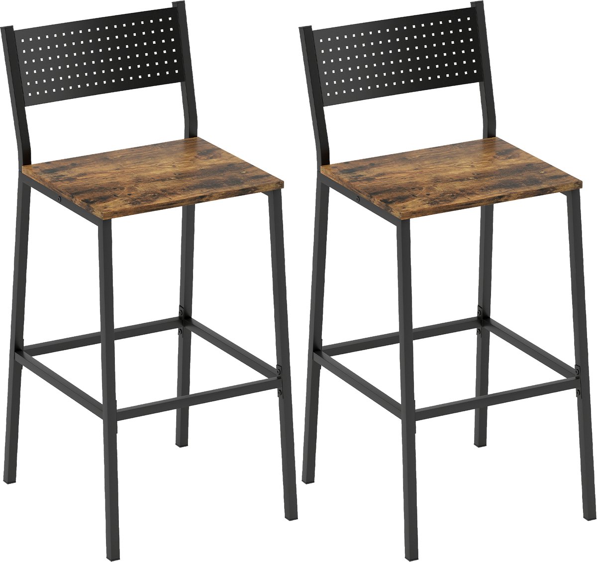 Sogiol® Set van 2 Barstoelen - zithoogte 72,5 cm - rugleuning en voetensteun - metalen poten - rustiek bruin