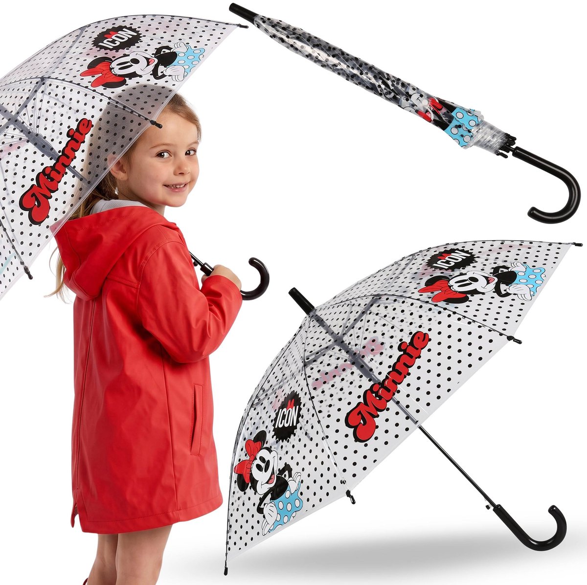 DISNEY Minnie Mouse Kinderparaplu VOOR MEISJES, transparante OPVOUWBARE AUTOMATISCHE paraplu