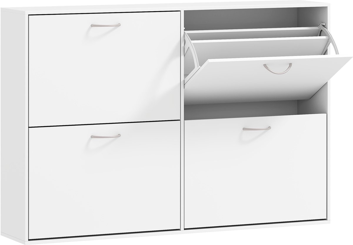 Schoenenkast Schoenenkast Groot Formaat - 120L x 24l x 81H cm - 4 klapdeuren Dubbel niveau - Hout Wit