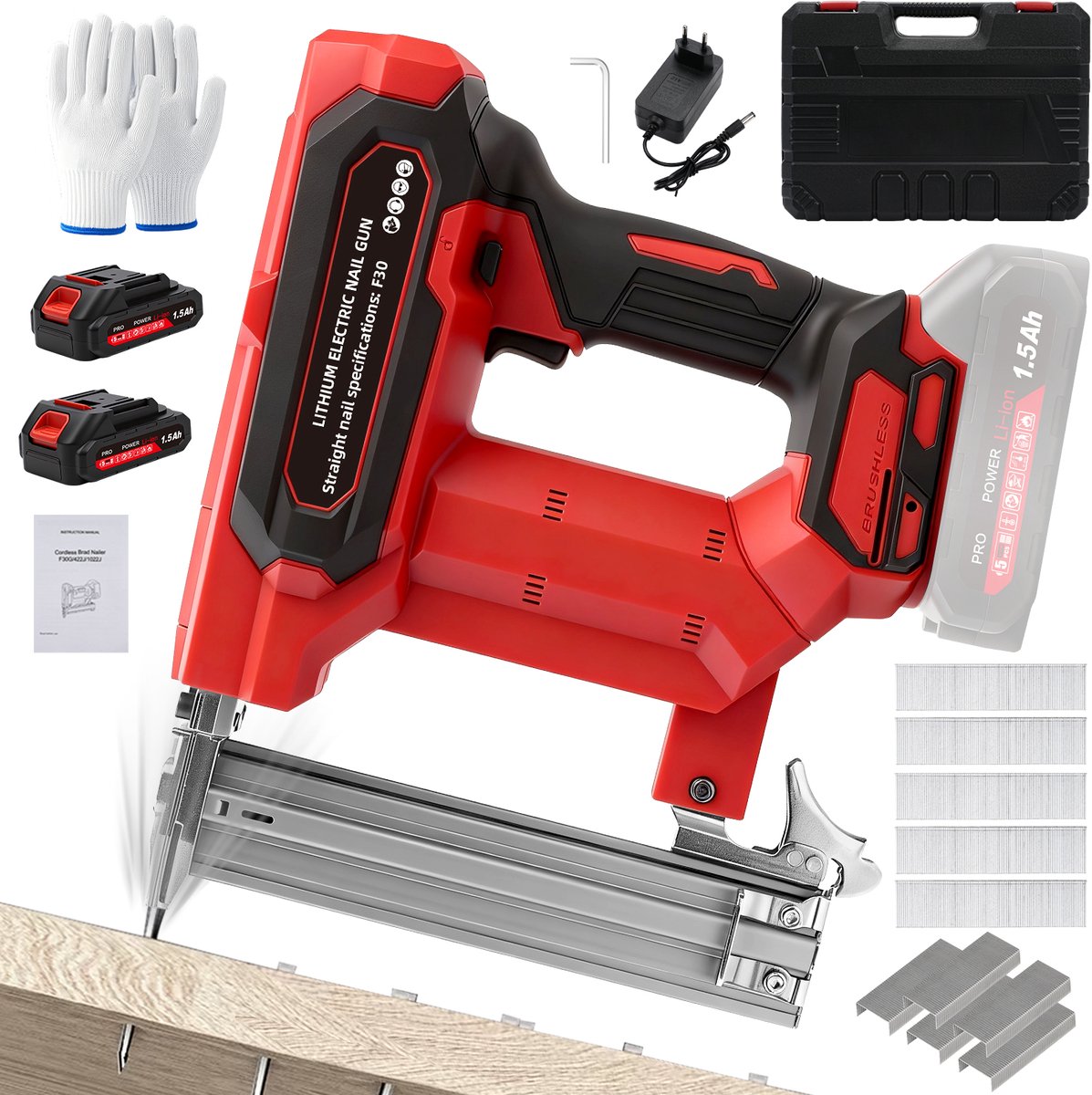 Accu Spijkerpistool 21V - 2 in 1 Elektrische Nietmachine Elektrische Tacker - met 2 x 1,5 Ah Accu's - met 500 Spijkers F30 en 500 Nietjes Type 422 - voor Huisverbetering & Houtbewerking