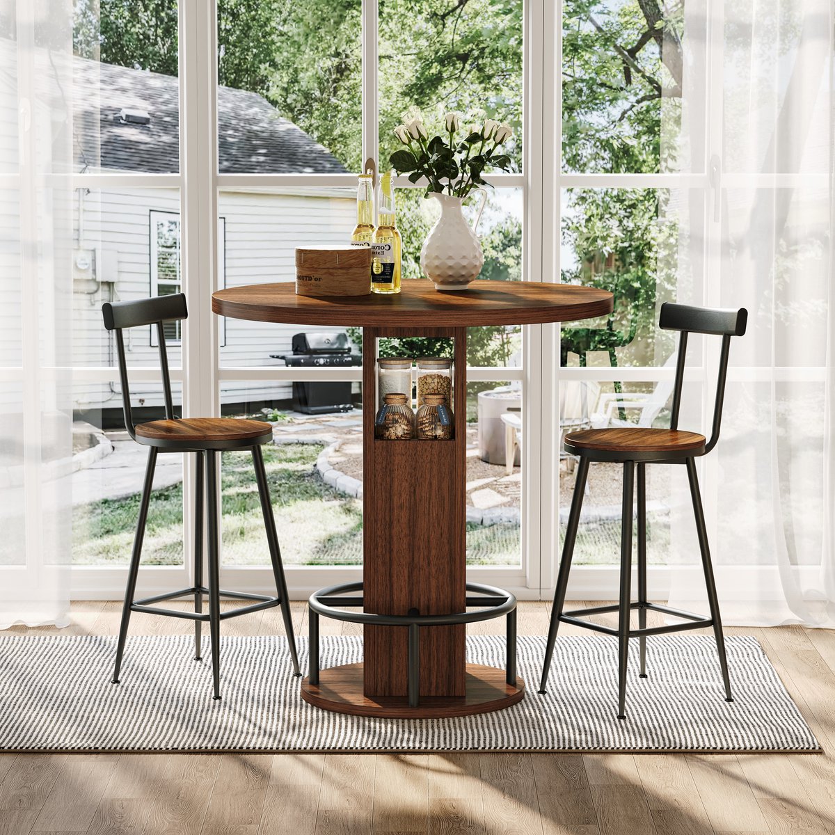 Intebiki bartafel met 2 barstoelen - Met Opbergruimte - ronde tafel van 80 cm – keukeneiland met tafel - Bistrotafel voor Keuken, Woonkamer en Eetkamer