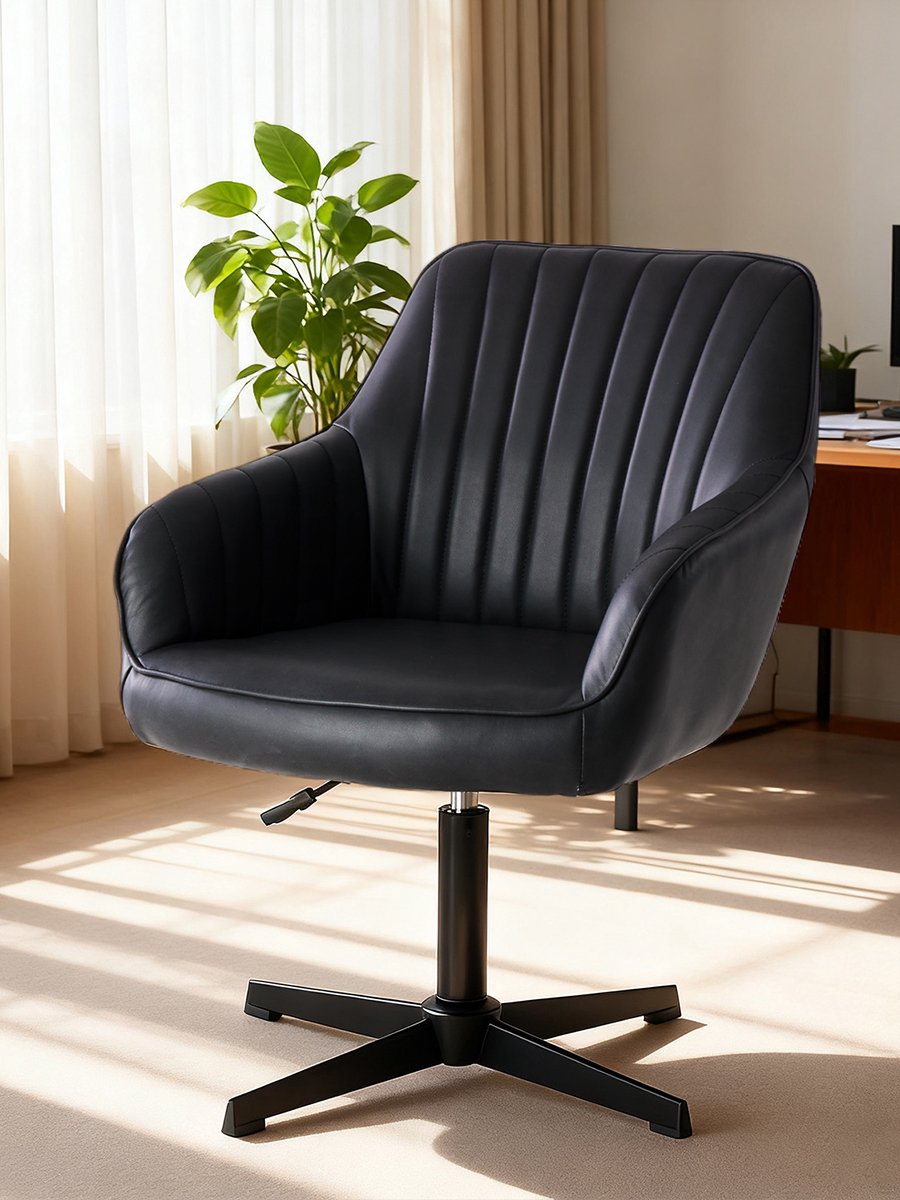 Draaibare Fauteuil met Armleuningen - 1 Stuk - In Hoogte Verstelbare Kuipstoel van Kunstleer met Stabiele Metalen Kruisvoet Zonder Wielen - Comfortabele Bureaustoel voor Kantoor, Kaptafel, Receptie, Woonkamer en Slaapkamer - Zwart