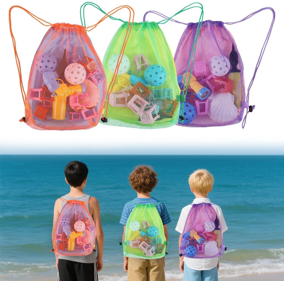 Solidchoice - 3 Delige Strandtassen Set voor Kinderen - Grote Mesh Rugzakken voor Strandspellen