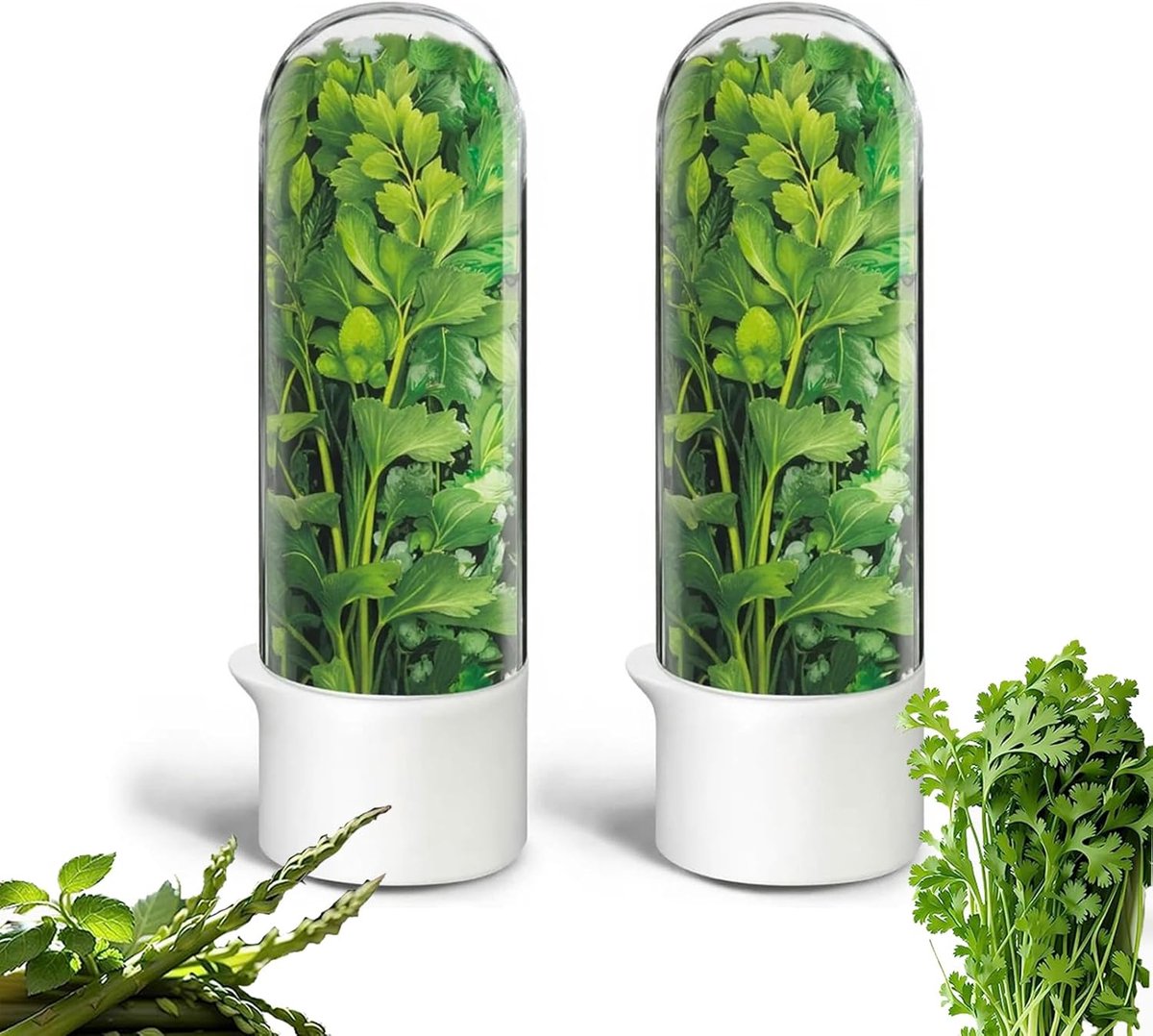 2 stuks Herb Keepers – Kruidenbewaardozen voor de koelkast – Houdt koriander en groenten langer vers – Houdt kruiden 2–3 weken vers – Geschikt voor koriander, munt, peterselie en asperges – Transparant