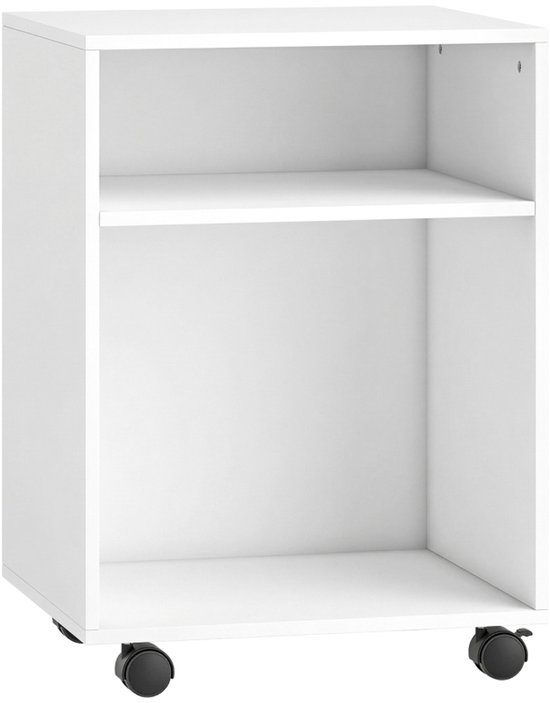 Wit opbergmeubel met open vakken en wieltjes.