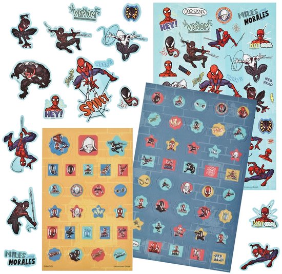 Sticker vellen met Miles Morales, Spiderman, Venom en Spider-Gwen in actie, met tekst als 'Spidey', 'Venom' en 'Wham'.
