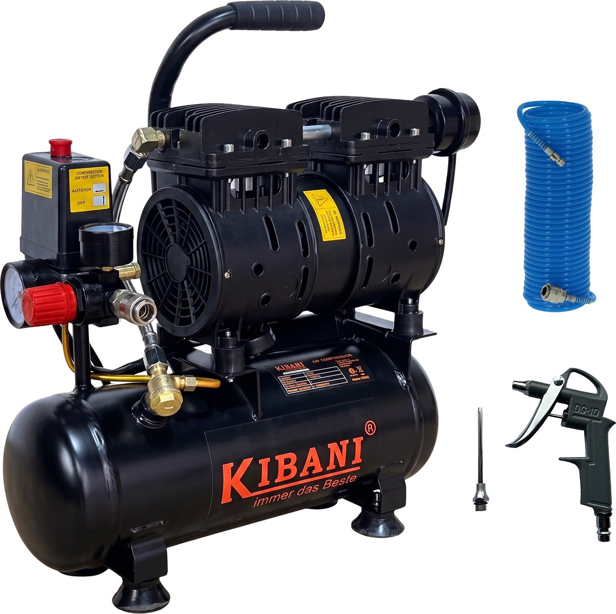 Kibani Super Stille Ecoline Compressor 6 Liter + Luchtslang 10 Meter + Luchtspuit - SET - Olievrij - 8 Bar - 89 L/min