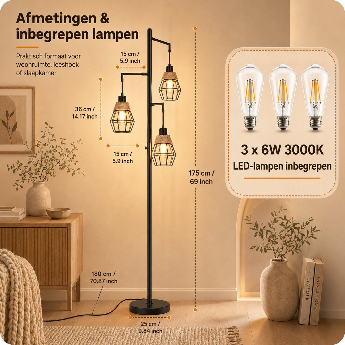 Lapamax Vloerlamp Industrieel Zwart - Traploos Dimbare Hoeklamp met E27 LED Lampen 3000K thumbnail 6