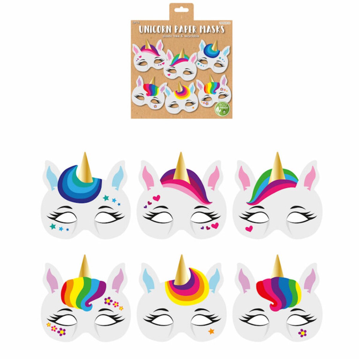 Set van 12 - papieren eenhoorn/ unicorn maskers - eco friendly