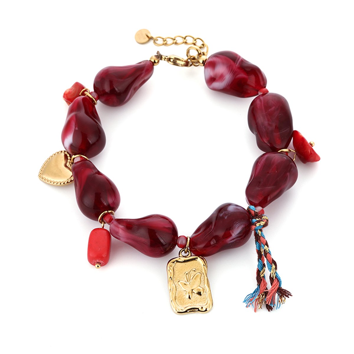 Matthew Studio® Armband Dames - Kralen Armband - Bedelarmband - Goudkleurig - Donkerrode Kralen - Hart - RVS