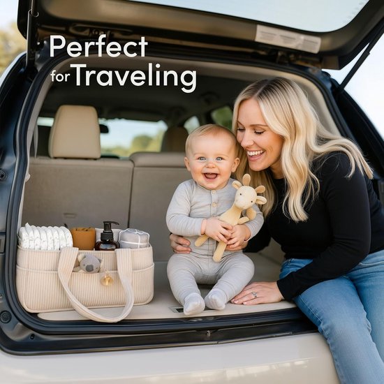 Luieropbergmand - Luiertas - Luiermand met grote capaciteit - Luieropbergmand voor in de auto - 35x23x18cm - Opvouwbaar - Corduroy - Geschikt voor auto-interieurs, kinderkamers, badkamers en buitenactiviteiten - Beige — afbeelding 5