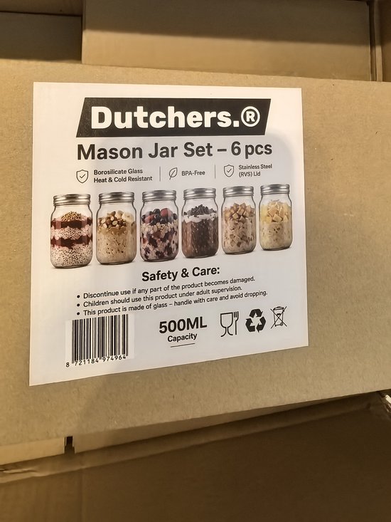 Set van 6 glazen Dutchers mason jars van 500ml met RVS deksels, gevuld met verschillende lagen ontbijt.