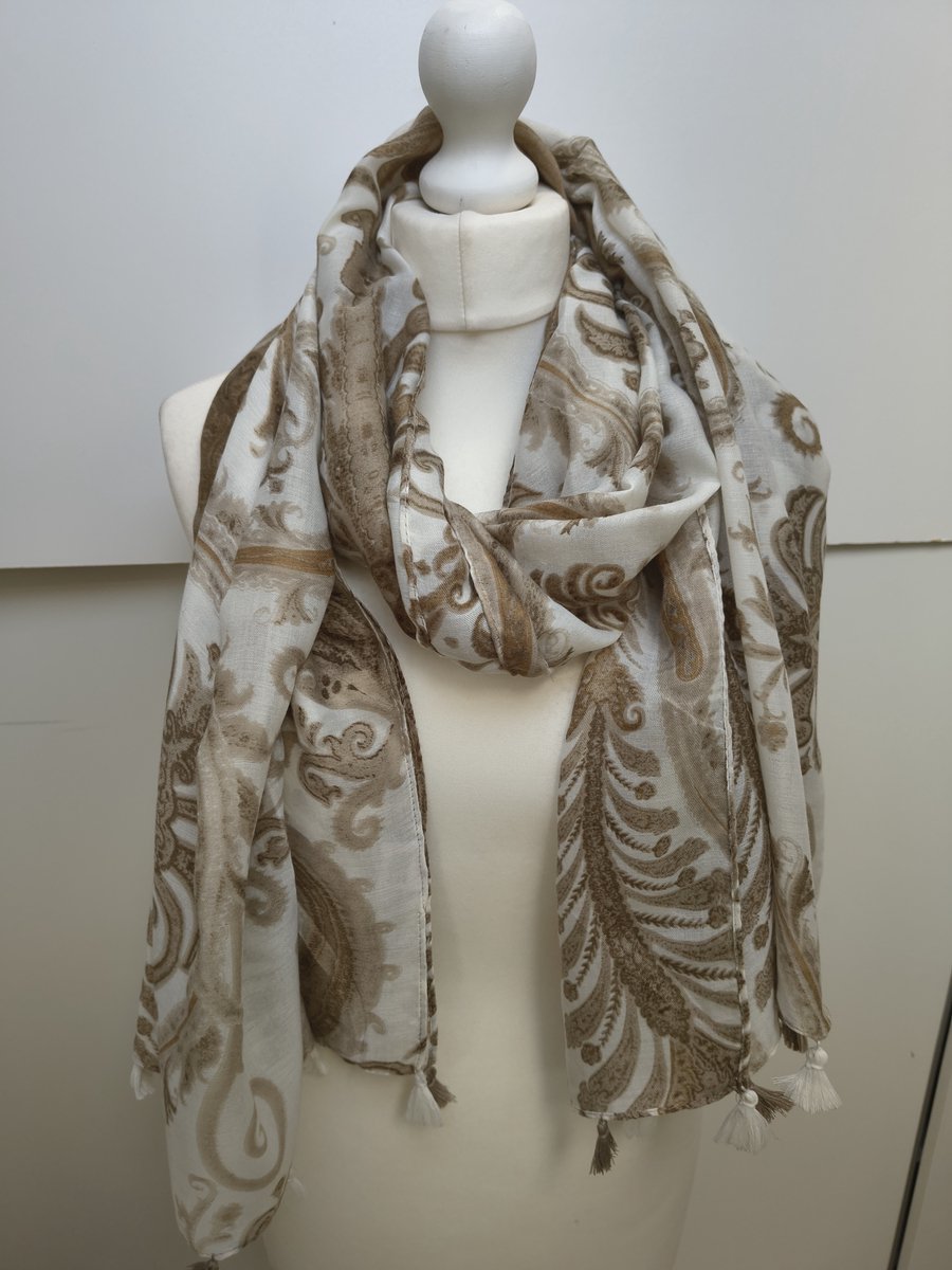 Lange dames sjaal Hanne-paisleymotief-taupe wit bruin