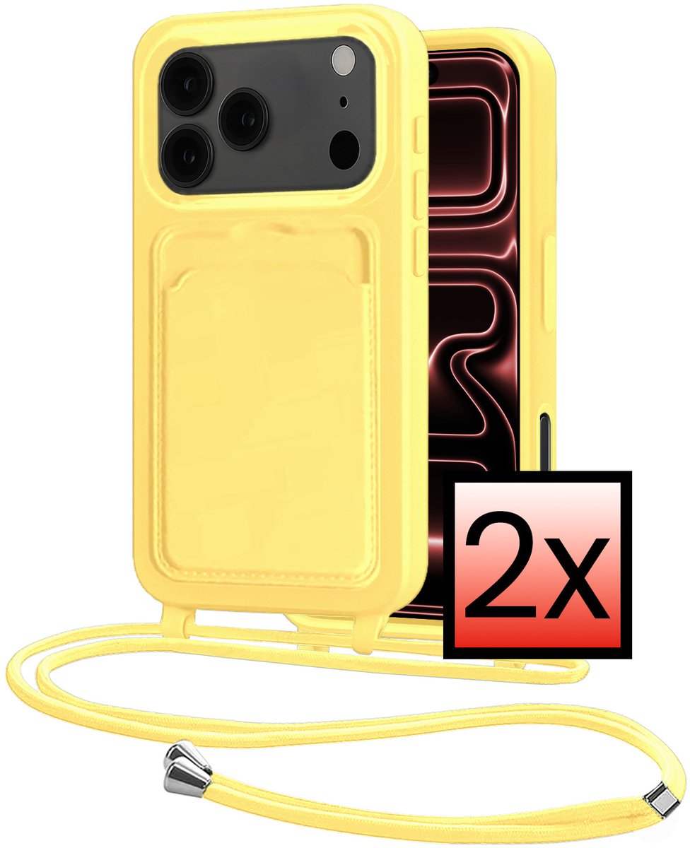 Hoes Geschikt voor iPhone 18 Pro Met Telefoonkoord - Siliconen Hoesje Backcover Met Ketting - Geel - 2 PACK