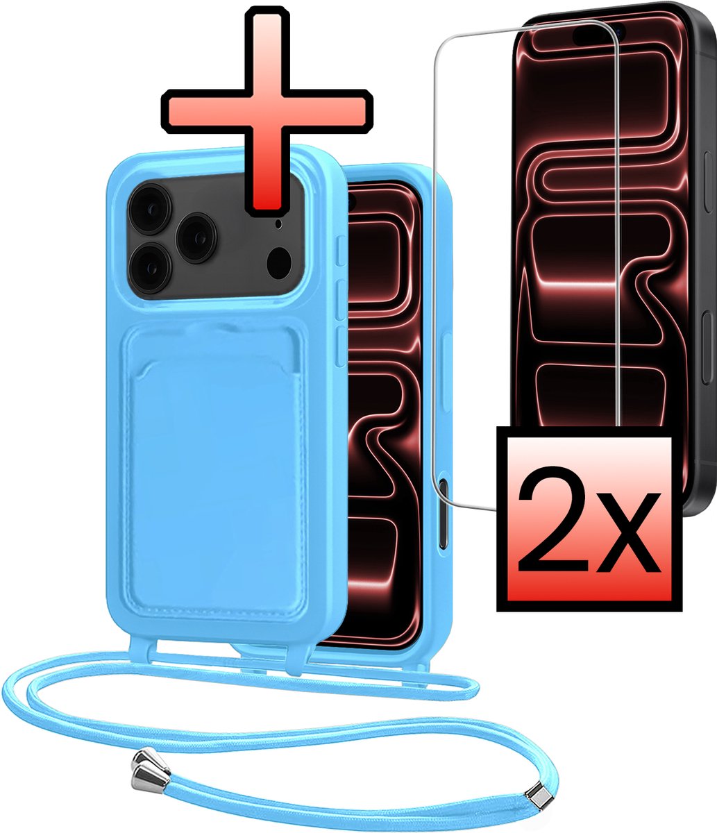 Hoes Geschikt voor iPhone 18 Pro Max Met Telefoonkoord Met 2x Screenprotector - Siliconen Hoesje Backcover Met Ketting - Lichtblauw