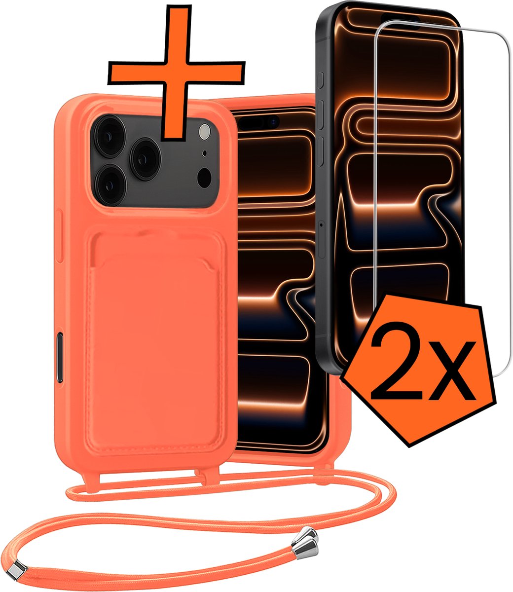 Hoesje Geschikt voor iPhone 18 Pro Max Hoes Met Telefoonketting Met 2x Screenprotector - Backcover Geschikt voor iPhone 18 Pro Max Case Met Koord - Papaya