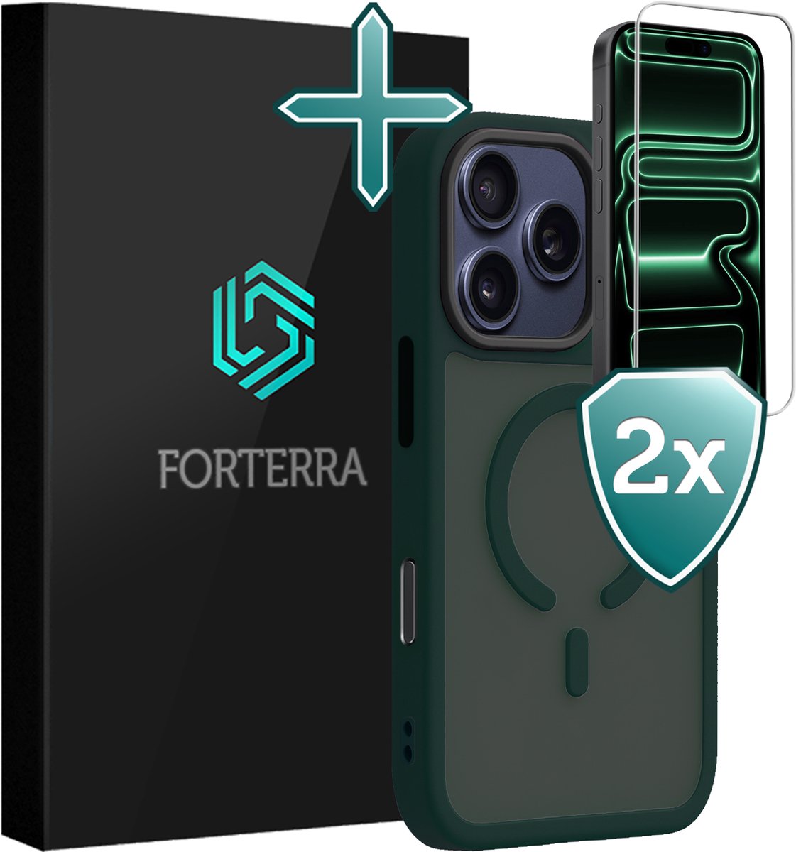 Hoesje Met 2x Screenprotector - Geschikt voor Apple iPhone 18 Pro Max - Magsafe Compatible - Sterk & Shockproof - Shock Proof Case - Back Cover - Telefoon Hoes - Donkergroen