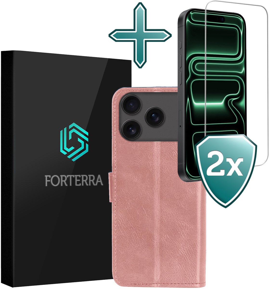 Hoesje Met 2x Screenprotector - Geschikt voor Apple iPhone 18 Pro - Luxe Pasjeshouder - Flip Case - Bookcase Portemonee - Kunstleer Book Case - Flipcase Hoes - Book Cover - Walletcase - Portemonneehoes - Rosé goud