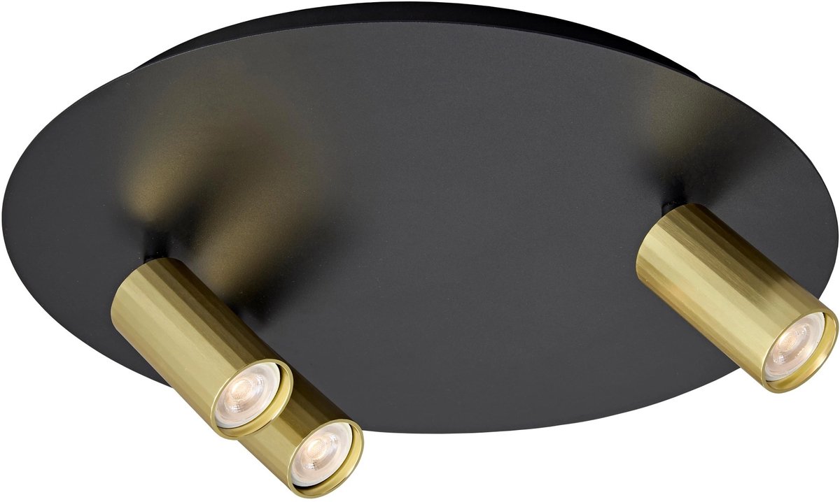 Oryx plafondspot, ronde voetplaat Ø350 mm, 3 verstelbare lichtpunten op MR11-fitting, dimbaar, zwart/goud, lamp niet inbegrepen
