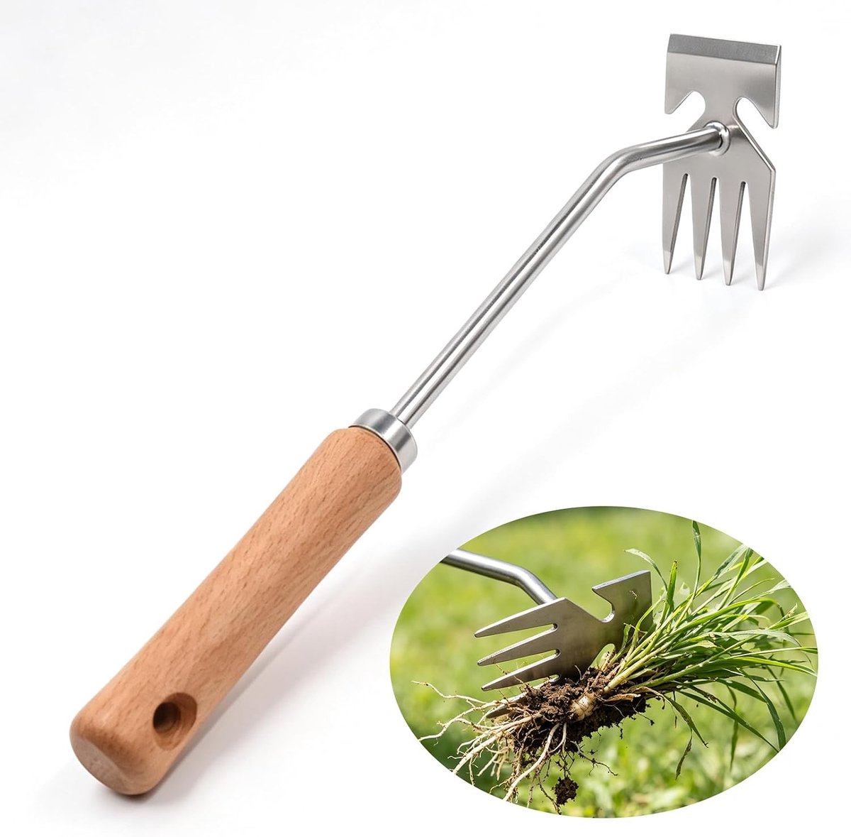 Onkruidsteker - Roestvrij staal - Houten handvat - Multifunctioneel tuingereedschap - Voor Tuinliefhebbers