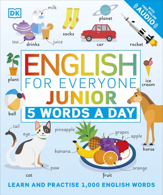 Boek 'English for Everyone Junior 5 Words a Day' met illustraties van een kat, paard, auto, raket, plant, fruit, ijsje, sokken, planeet, bal, drankjes en thee.