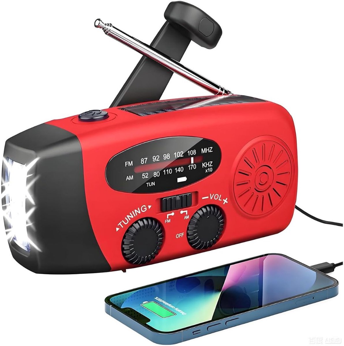 NIVA® Noodradio - LED Zaklamp - Draagbare Radio op Zonne Energie - Rood - 10cm x 18cm x 10cm