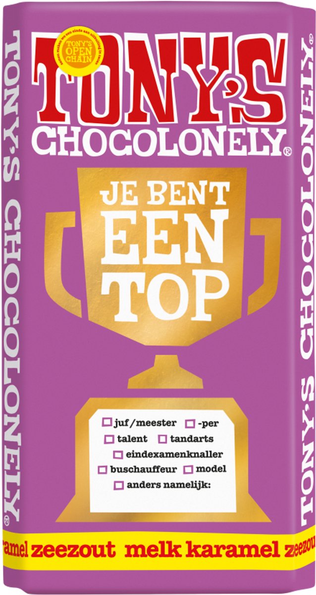 Tony's Chocolonely - Chocoladecadeau - Je bent een Topper Chocolade Reep - Melk Karamel Zeezout - Kado - 180 gram - Fairtraide Chocolade - Bulk verpakking - 15 stuks x 180 gram