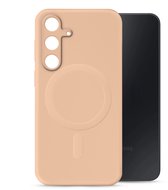 Coque de téléphone rose pâle avec compatibilité MagSafe et découpes pour appareil photo.