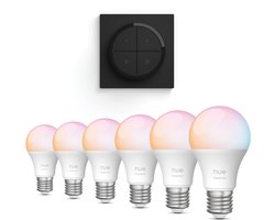 Philips Hue Voordeelverpakking - E27 - met 6 Standaard lampen - Wit en Gekleurd Licht - Incl. Hue Dial Switch (Zwart) - Hue White and Color Ambiance Essentials
