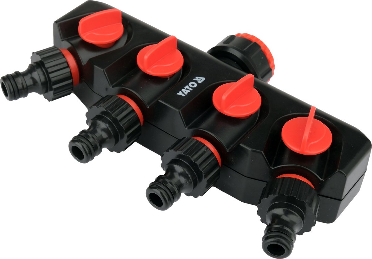 4-Weg Waterverdeler voor Tuinkraan - 3/4 Inch en 1 Inch Aansluiting - Met 4 Individuele Kraanventielen - UV- & Weerbestendige Tuinslang Koppeling - Bewateringscomputer Aansluiten