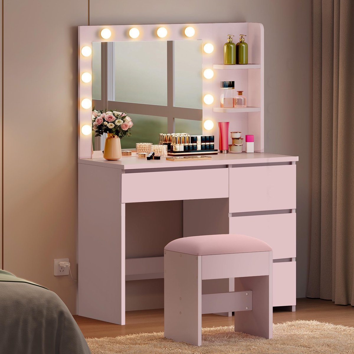 Solidchoice - Make-uptafel met spiegel en verlichting - Roze